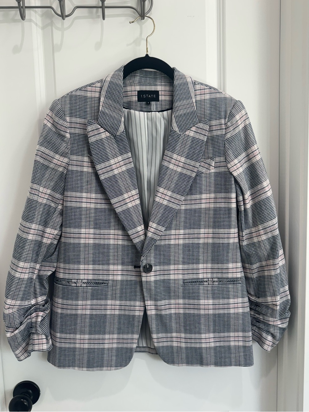 1.STATE Pink and Gray Plaid Single-Button Blazer